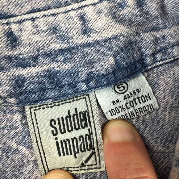 Sudden Impact Vintage Pink Stone Washed 1980's Denim Button Down Shirt SZ Small - Picture 5 of 7